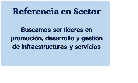 Rectngulo redondeado: Referencia en Sector

Buscamos ser lderes en promocin, desarrollo y gestin de infraestructuras y servicios

