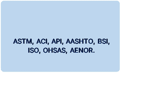 Rectángulo redondeado: Normativa
ASTM, ACI, API, AASHTO, BSI, ISO, OHSAS, AENOR.